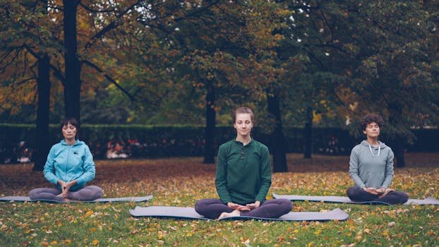 Three people meditate in a serene park during autumn, promoting mindfulness.